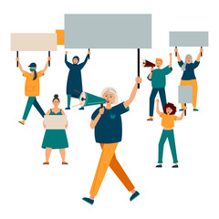 Women support protest. A young woman shouts through megaphones, supporting the protests against the backdrop of protesting disgruntled people. Protest of an aggressive person at a political meeting.