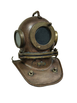Vintage brass diving helmet. Part of a diving suit. Isolate on a white back.