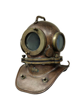 Vintage brass diving helmet. Part of a diving suit. Isolate on a white back.