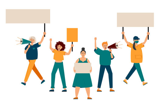Group of women protesting and vindicating their rights holding banners, megaphones and placards. Female march for rights. Protest of an aggressive person at a political meeting, parade or rally. 