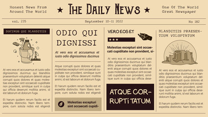 Old news paper page template. News articles newsprint magazine old design. Newspaper pages with vector illustrations. Paper retro journal. Vintage style.