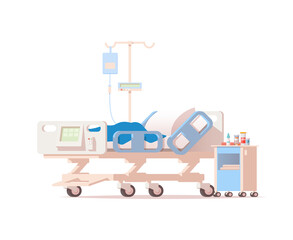 Hospital bed with dropper, bedside table and medicines. Vector illustration isolated on white background
