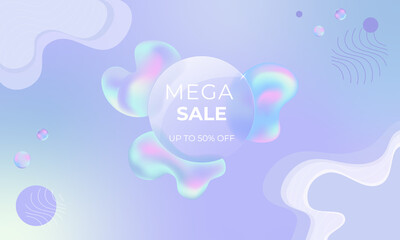 Holographic mega sale banner. Abstract fluid shapes with Glasmorphism style effect. Frosted glass effect. Blurry gradient for background, poster or flyer. Vector illustration.