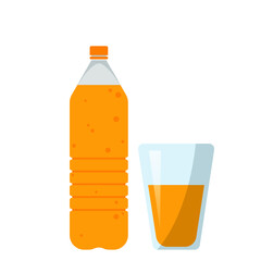 Set of Color plastic bottles of juice or soda with glasses and cans. Package design. Tasty drink, bottled lemonade or juice and cans. Vector illustration
