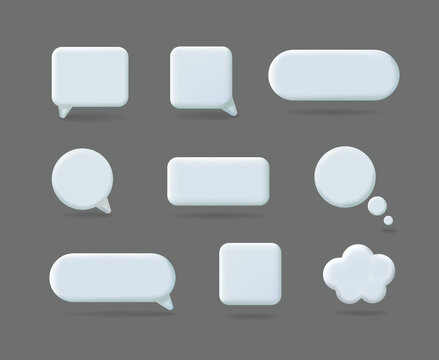 Set of blank white speech bubbles, 3d chat comments, dialog balloon in various shapes, message clowd symbol, vector set