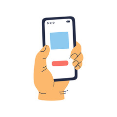 Human hand holds a mobile phone. Hand drawn color vector illustration isolated on white background. Modern flat cartoon style.
