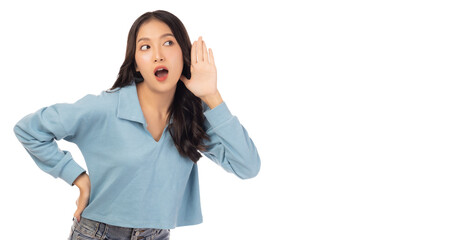 Excited young woman look at space Surprised happy beautiful asian woman open mouth with exciting...