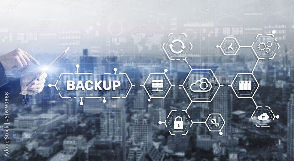 Poster backup storage data technology concept. businessman touching backup