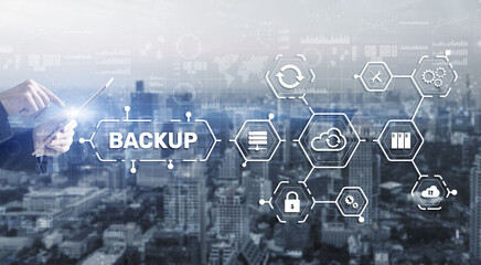 Backup Storage Data Technology concept. Businessman touching Backup
