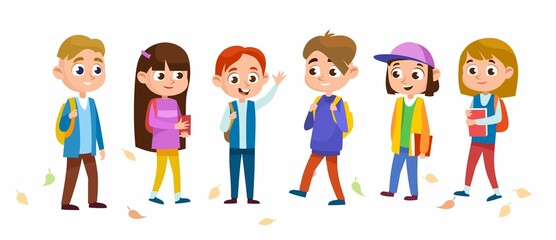Set of happy kids going back to school with backpacks and books in the fall. A group of smiling schoolboys and schoolgirls characters, isolated on white background. Cartoon style vector illustration.