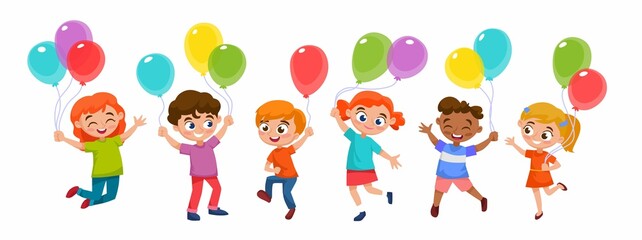 Fototapeta na wymiar A happy group of kids with colorful balloons in their hands celebrating a birthday. Boys and girls are jumping and dancing at a party. Cartoon style vector illustration isolated on white background.