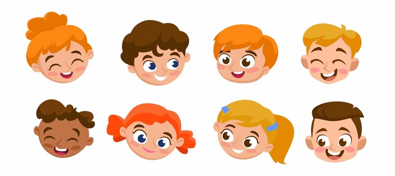 Set of smiling and laughing kids faces. Happy faces of young children of different ethnicities. Boys and girls with different hairstyles, isolated on white background.Cartoon style vector illustration
