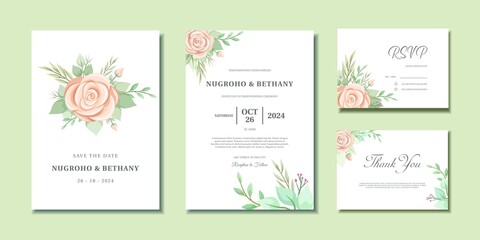 Fototapeta na wymiar Floral Wedding invitation with beautiful pink rose bouquet and leaves. Wedding invitation, Thank you card and RSVP with rose flower bouquet