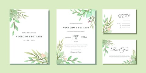 Fototapeta na wymiar Wedding invitation card template with abstract floral leaves frame on white background. Wedding invitation, Thank you card and RSVP with rose flower bouquet