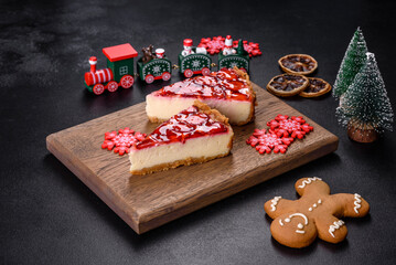 Delicious christmas strawberry tart on concrete background, top view, copy space