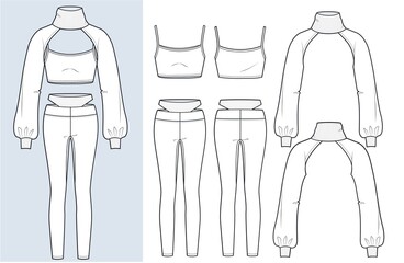 Girl's Leggings,cropped Sweatshirt, Tank Top design fashion flat sketch template. Sweatshirt with rib collar, Crop Tank Top, Leggings Pants fashion cad mockup set, front and back view, white.