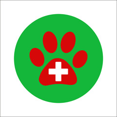 Obraz premium Veterinary clinic symbol paw print with veterinary cross in green circle icon. 