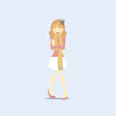 woman in yellow scarf, arm crossed shaking, shiver, chills, health care concept, vector illustration cartoon flat character design