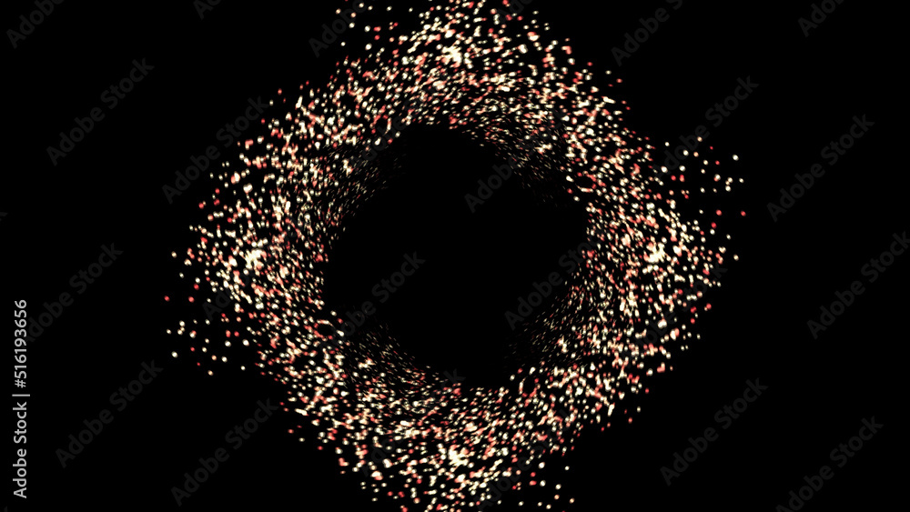 Poster flowing spiral particle field, swirling dots on black background. animation. space and time concept,