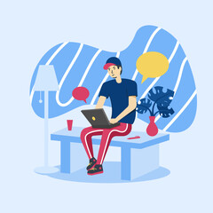 man working on notebook sitting on the table at home