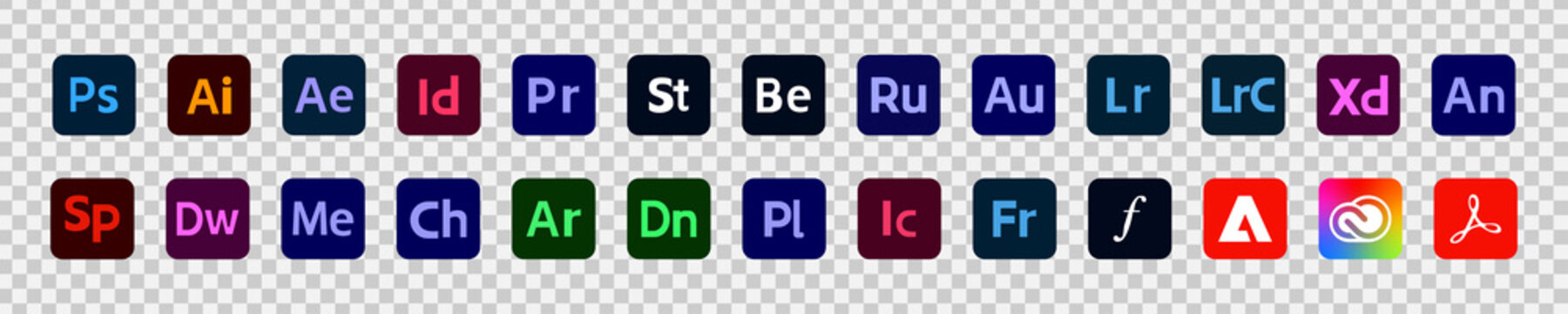 Adobe products. Icon set. Illustrator, Photoshop, After Effects, InDesign, Premiere Pro and others. Vector illustration. VINNYTSIA, UKRAINE - JULY 7, 2022