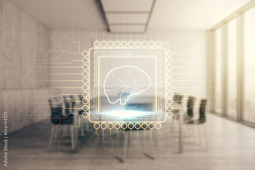 Poster double exposure of creative artificial intelligence interface on a modern meeting room background. n