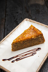 delicious dessert on a wooden table.
