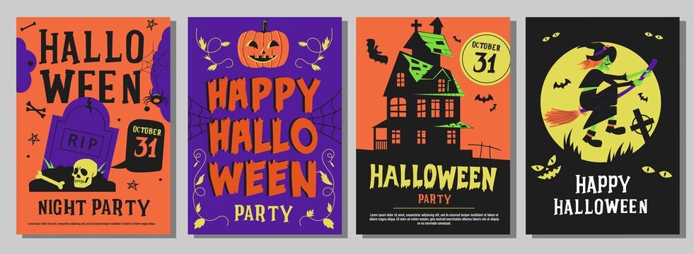 Halloween Posters Vector Set. Greeting cards or posters Set with calligraphy, cute pumpkins, bats, witch and haunted house.