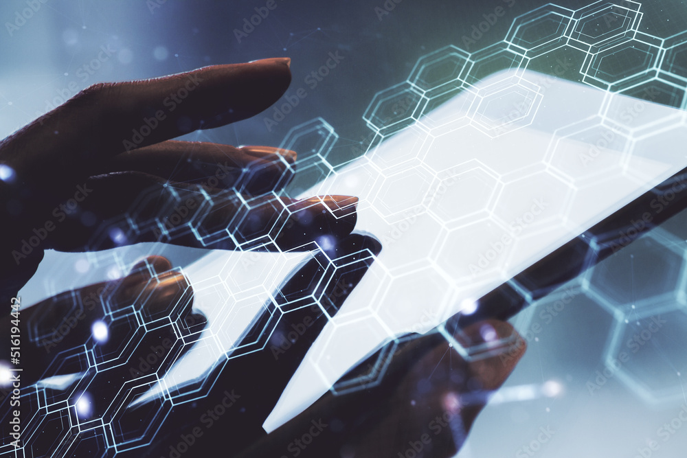 Poster double exposure of technology hologram with hexagon and finger clicks on a digital tablet on backgro