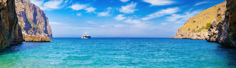 Panoramic view of the mouth of the torrent de Pareis in La Calobra cove, Majorca Island, Balearic...