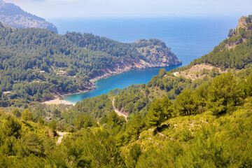 Fototapeta na wymiar Panoramic aerial view of Cala Tuent from the viewpoint, Majorca Island, Balearic Islands, Spain
