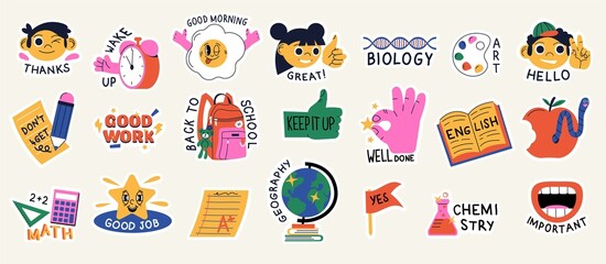 Collection of school stickers for study and daily routine. School day planning stickers with trendy lettering and elements. Back to school sticker pack vector set. - obrazy, fototapety, plakaty