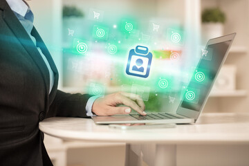 Businessman working on laptop with new business