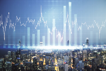 Multi exposure of virtual abstract financial graph interface on Chicago cityscape background, financial and trading concept