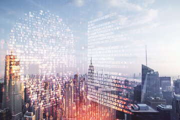 Abstract virtual code skull illustration on New York city skyline background. Hacking and phishing...