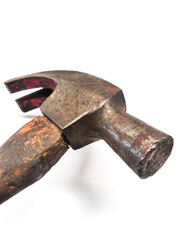 Rusty old steel hammer white isolated. Oldtimer concept