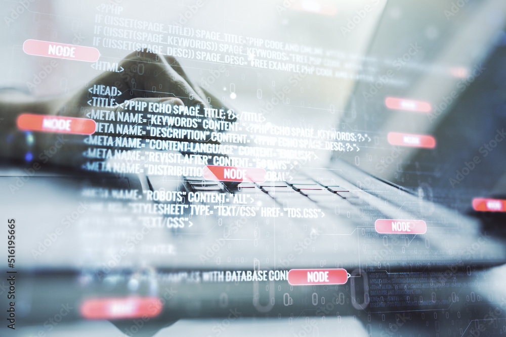 Aufkleber abstract creative coding concept with hands typing on laptop on background. multiexposure