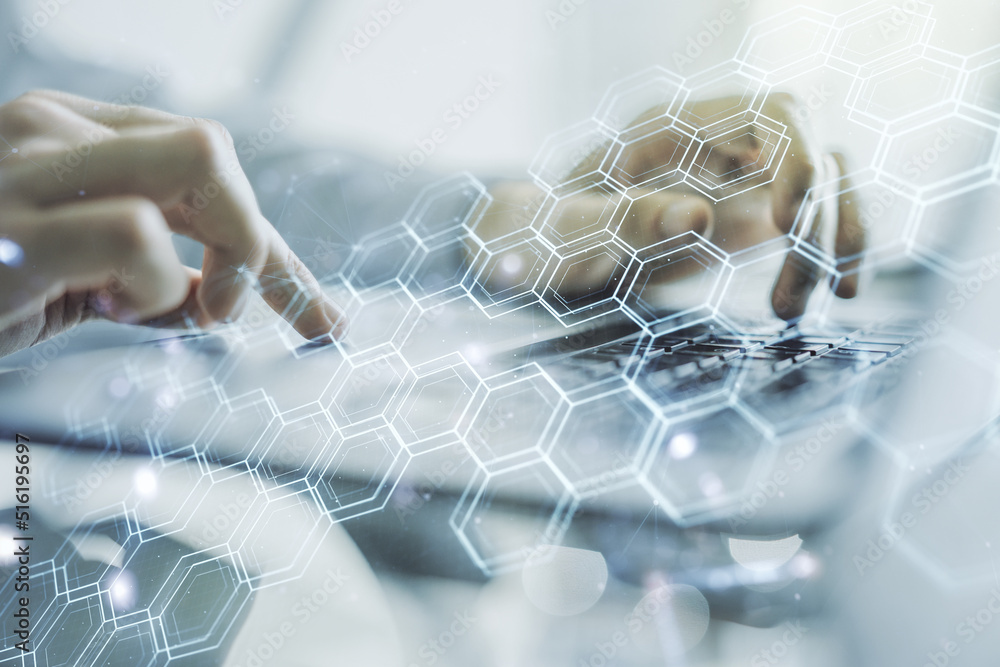 Poster double exposure of technology hologram with hexagon and hands typing on laptop on background. resear