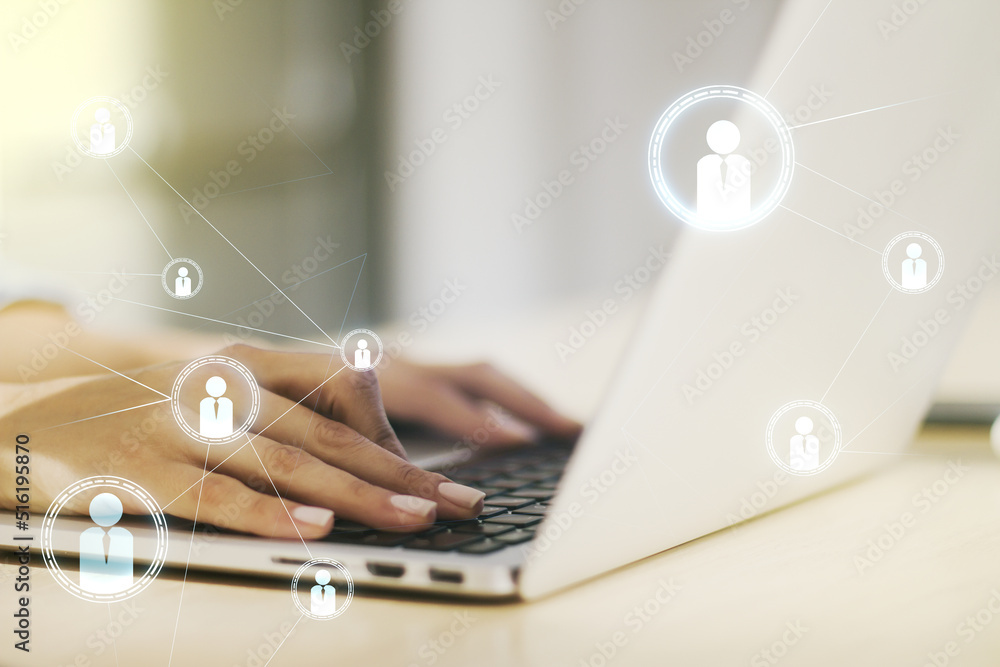 Poster social network media concept with hands typing on computer keyboard on background. double exposure