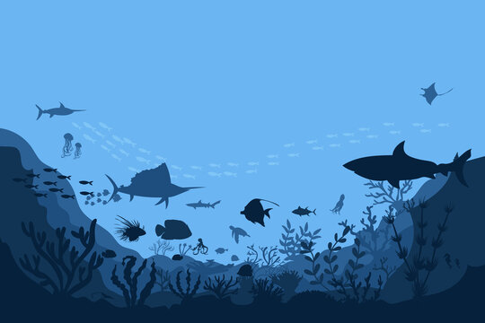 silhouette of coral reef with fish  on blue sea background underwater vector illustration