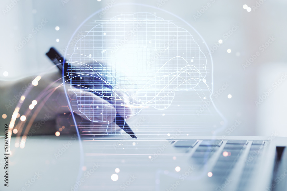Poster double exposure of creative human head microcircuit with hand writing in notepad on background with 