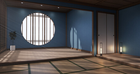 Obraz premium Circle shelf wall design, blue empty room japanese deisgn, tatami mat floor. 3D rendering