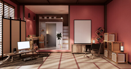 red wall design room with decoration ,lamp,plants,carpet,arm chair.3D rendering