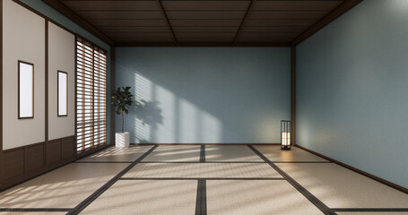 Circle shelf wall design, blue empty  room japanese deisgn, tatami mat floor. 3D rendering