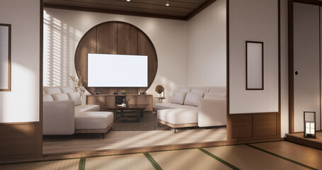Obraz na płótnie Canvas Sofa on room tropical interior with tatami mat floor and white wall.3D rendering
