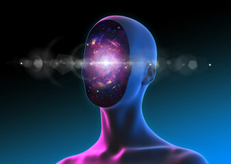 Abstract creative illustration from 3D rendering of female bust figure with galaxy deep space particles face isolated on background in vaporwave style colors lighting. 
