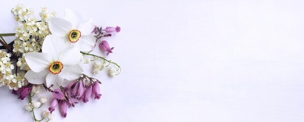 Colorful spring flowers on a white background. Delicate floral arrangement. Background for a...