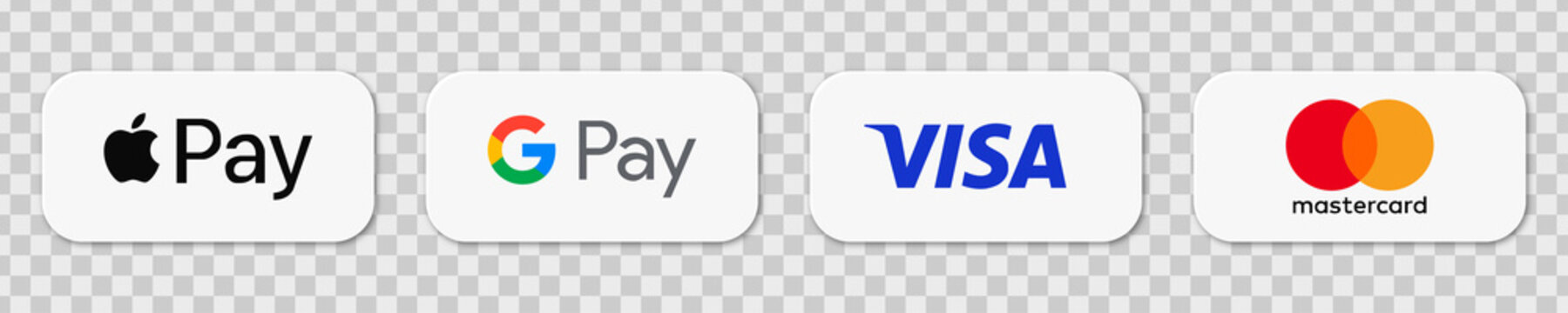 Payment systems. Set of logos. Apple pay, Google pay, Visa, MasterCard. Vector illustration. VINNYTSIA, UKRAINE - JULY 7, 2022