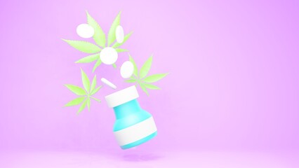 Pills and cannabis leaves, 3D Rendering, 3D Illustration 