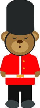 Vector illustration of bear in British army soldier form in cartoon style. Teddy bear in guardsmen form. Vector character